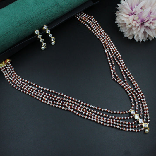 40311 - 5 Lines Sugar Beads Mala Merron  With Square Pendent set