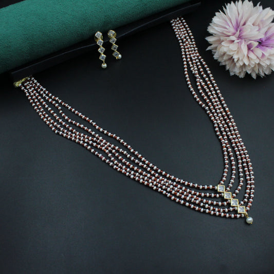 40287 - 5 Lines Sugar Beads Mala Merron With Square Pendent Set