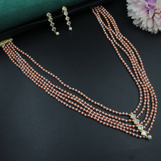 40289 - 5 Lines Sugar Beads Mala Orange With Square Pendent