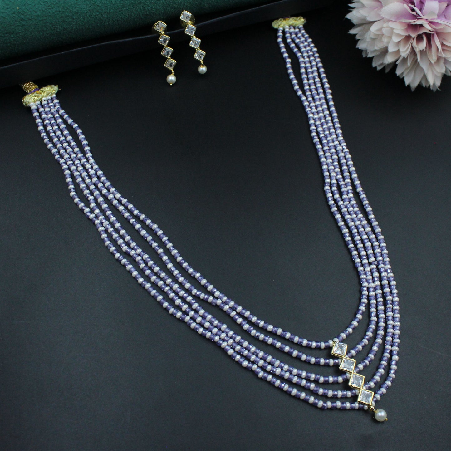 40288 - 5 Lines Sugar Beads Mala Purple With Square Pendent