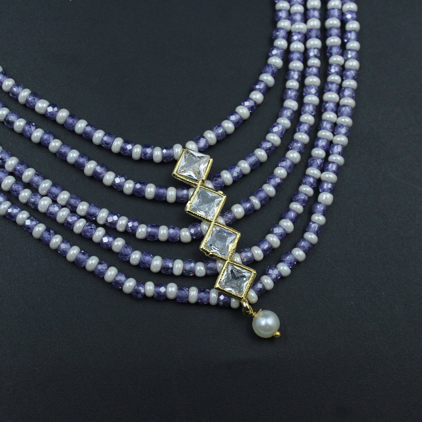 40288 - 5 Lines Sugar Beads Mala Purple With Square Pendent