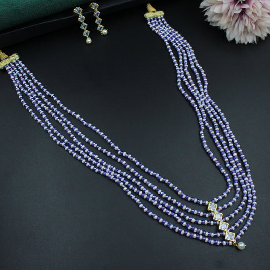 40291 - 5 Lines Sugar Beads Mala Blue With Square Pendent set
