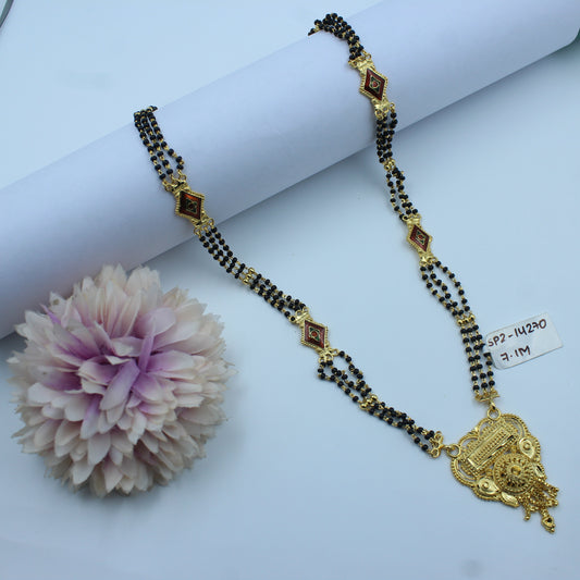 14270 : 3 Lines Gold And Black Beads With Pendent