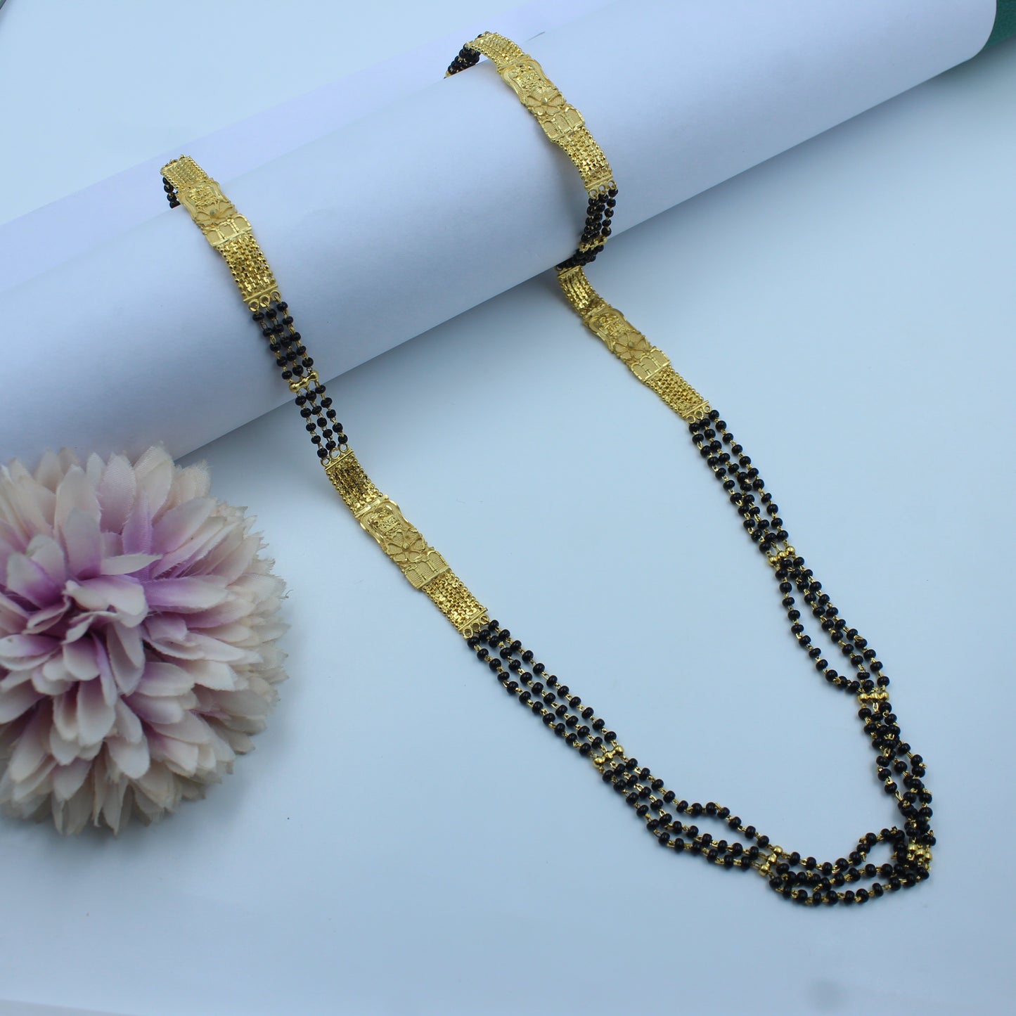 22261 Triple-layer gold mangalsutra with black beads