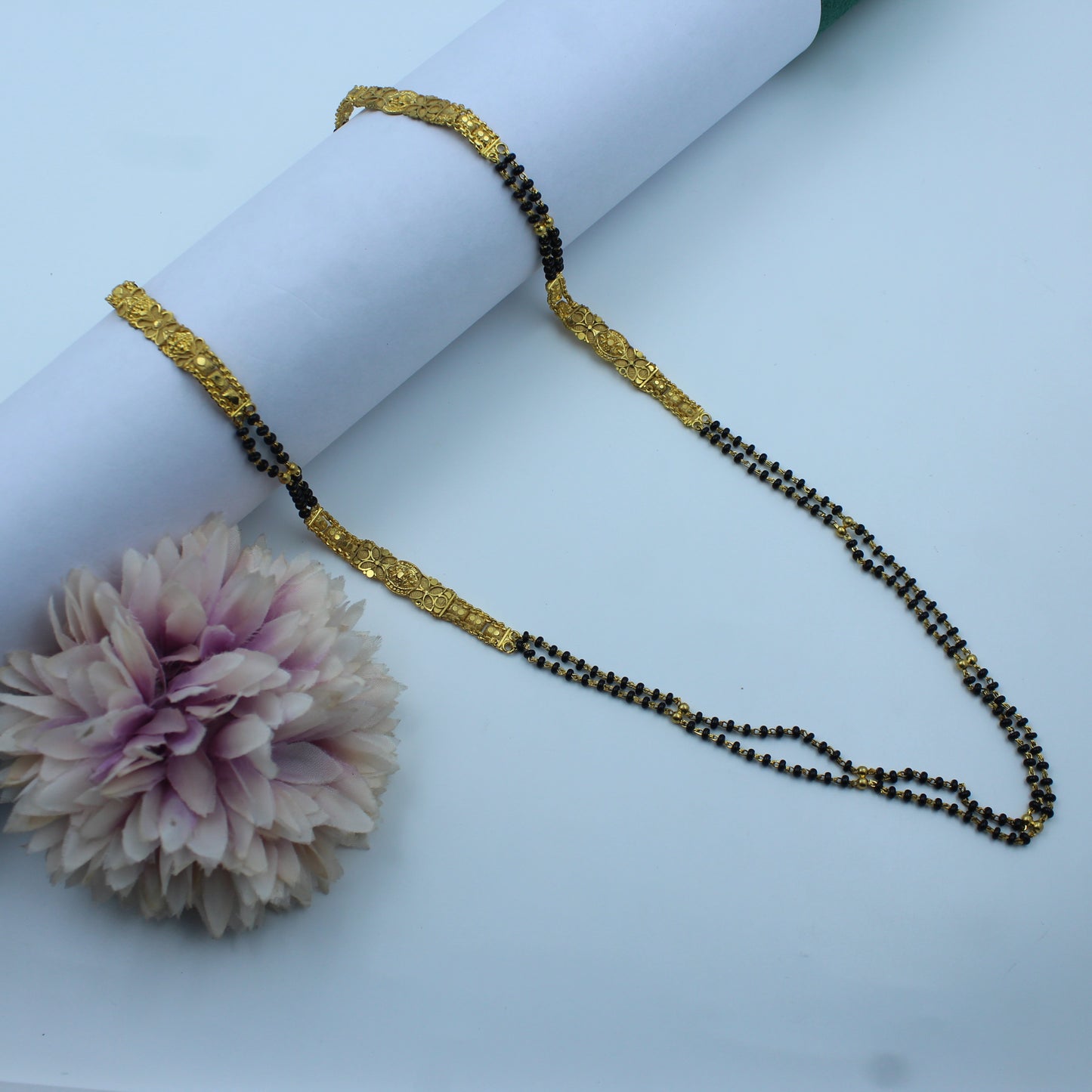 22246 Traditional Gold-Plated Black Bead Mangalsutra with Decorative Bar Design