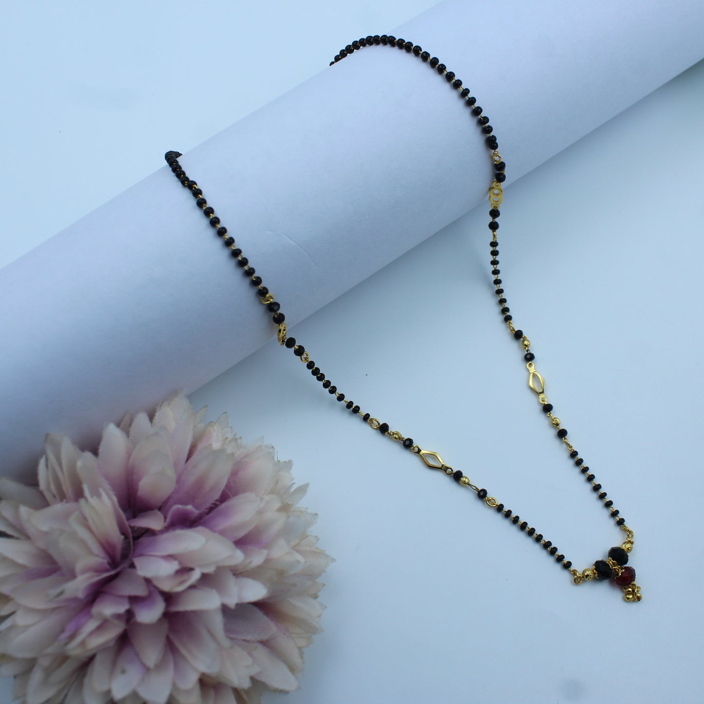 14278 Single Chain Black Bead Mangalsutra with Red Stone Pendant