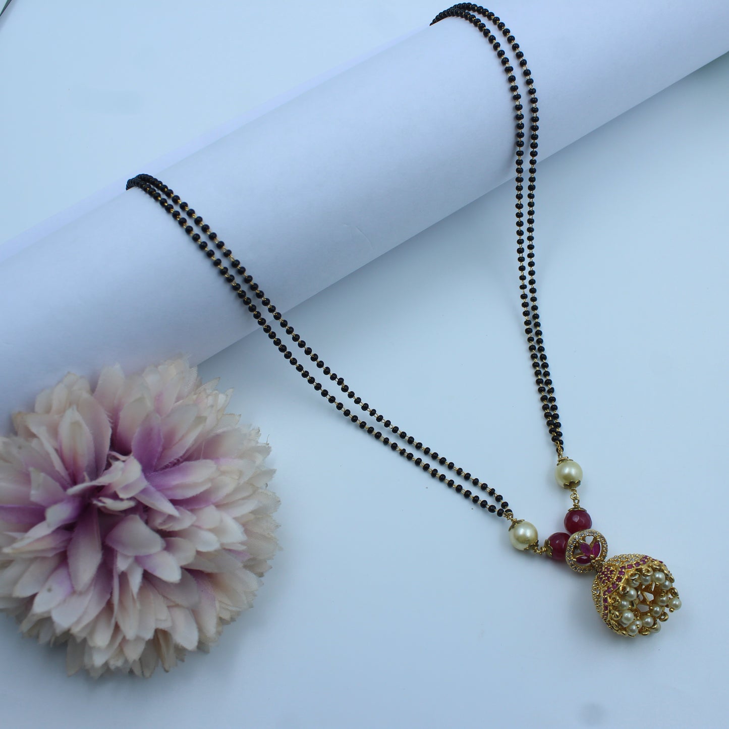 6726 Black Bead Mangalsutra with Pearl and Red Stone Jhumka Pendant