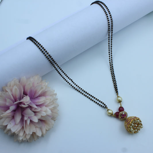 6726 Black Bead Mangalsutra with Pearl and Red Stone Jhumka Pendant