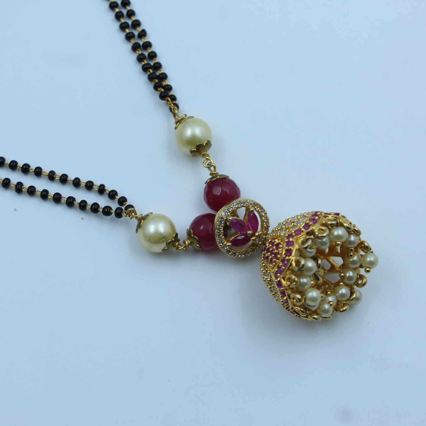 6726 Black Bead Mangalsutra with Pearl and Red Stone Jhumka Pendant