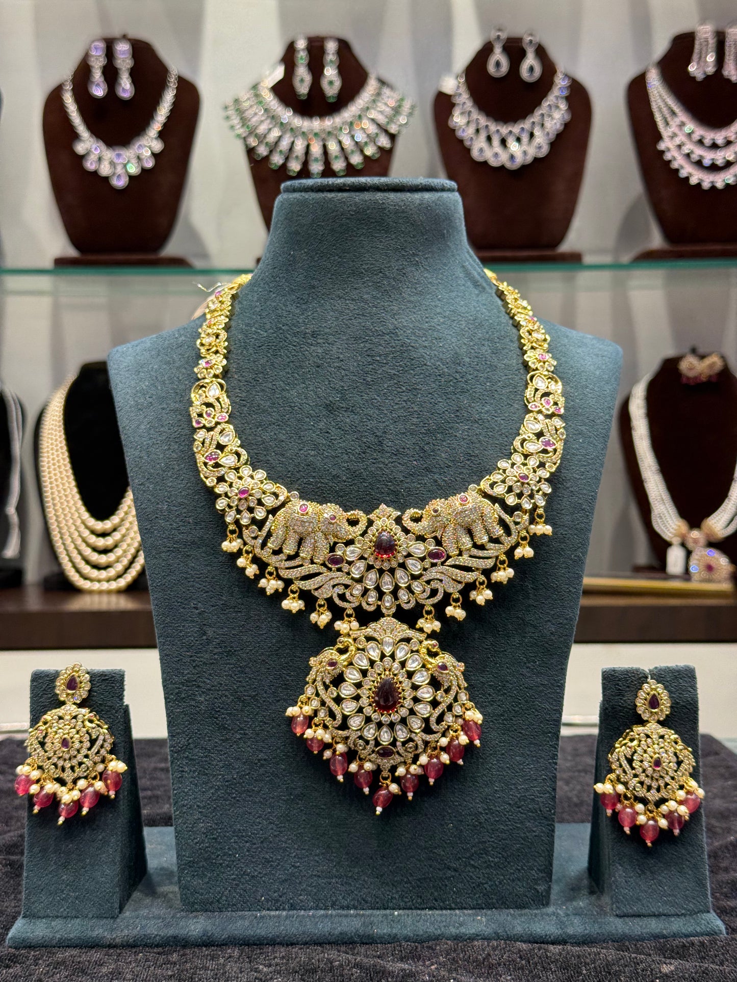 Victorian Mehendi elephant design Moissanite stones necklace with screwback earrings