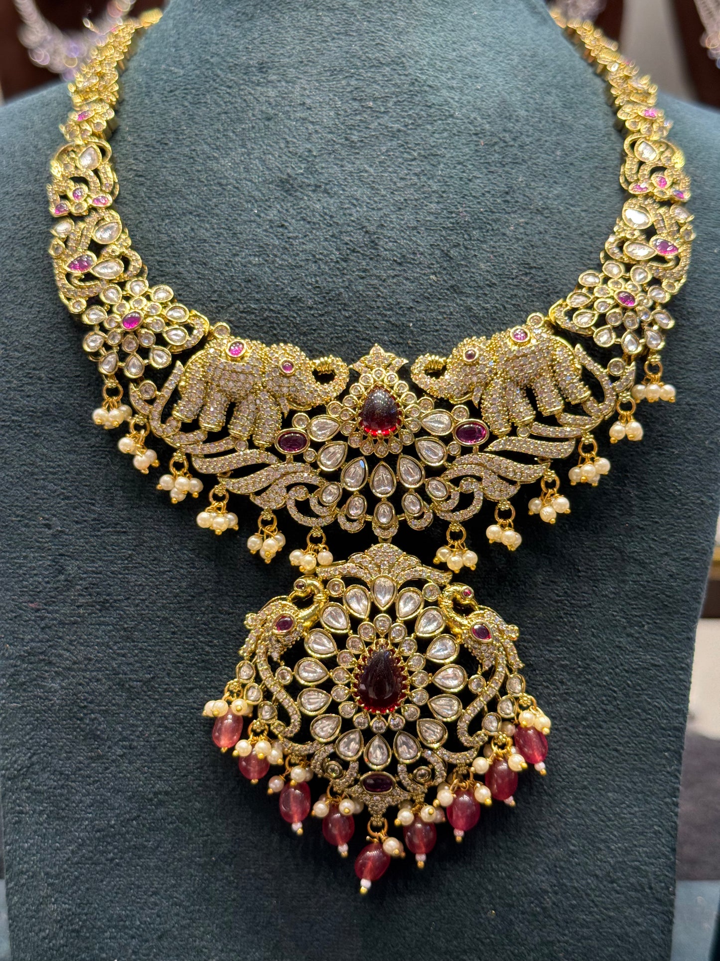 Victorian Mehendi elephant design Moissanite stones necklace with screwback earrings