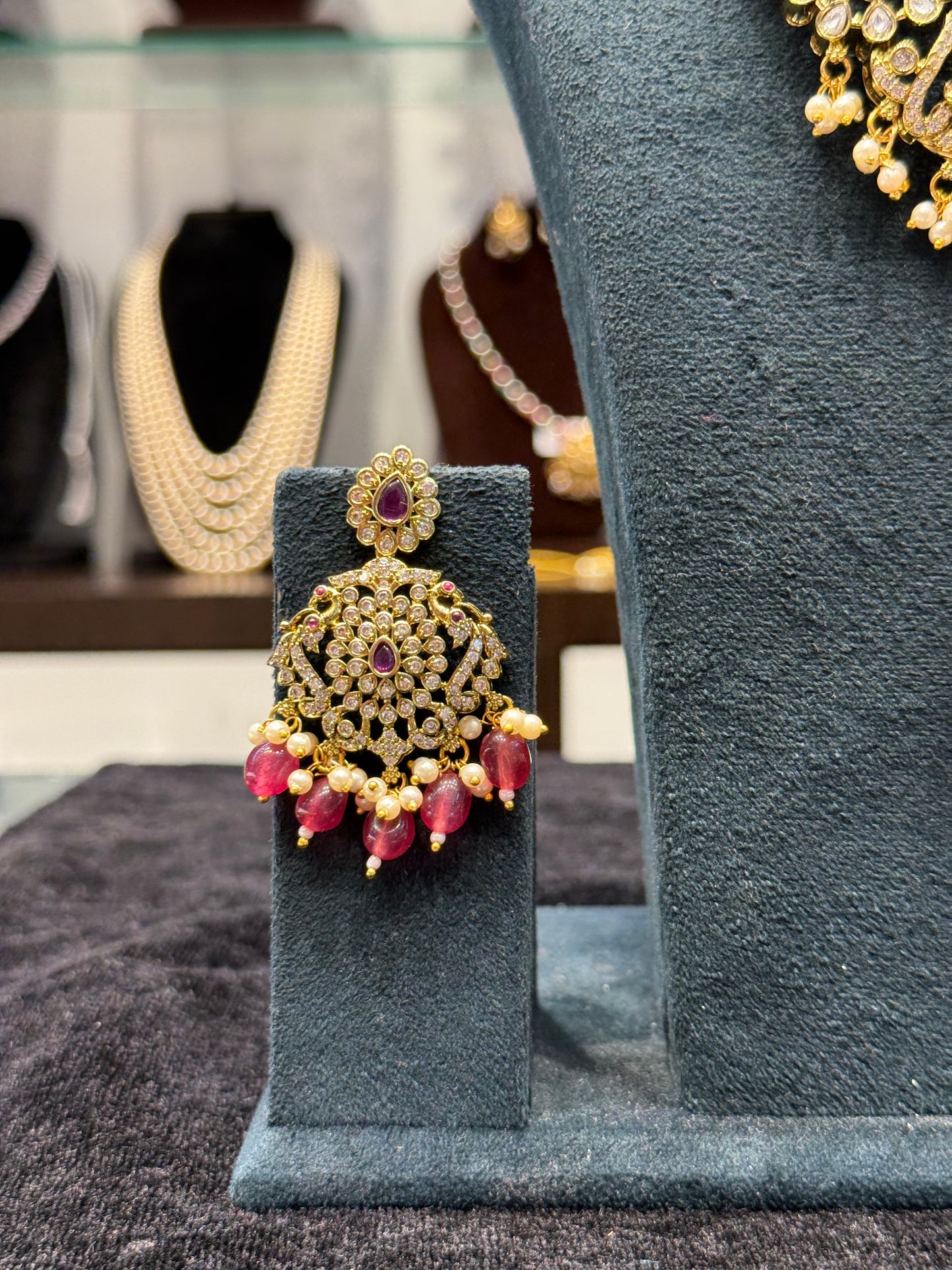 Victorian Mehendi elephant design Moissanite stones necklace with screwback earrings