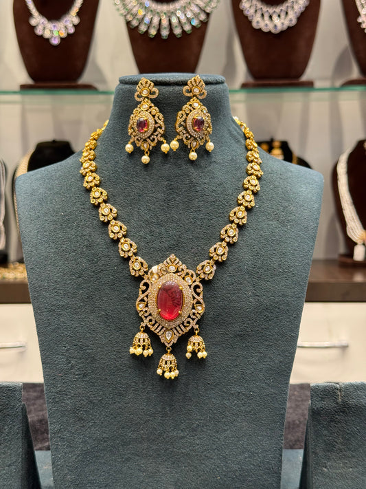 Victorian mehendi single line necklace with Chandbali and red duplet stones