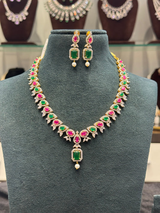 405 Real diamond look short necklace with Ruby and emerald stones and screwback earrings
