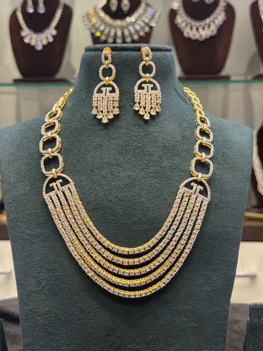 28006 Real diamond look layer statement necklace with screwback earrings