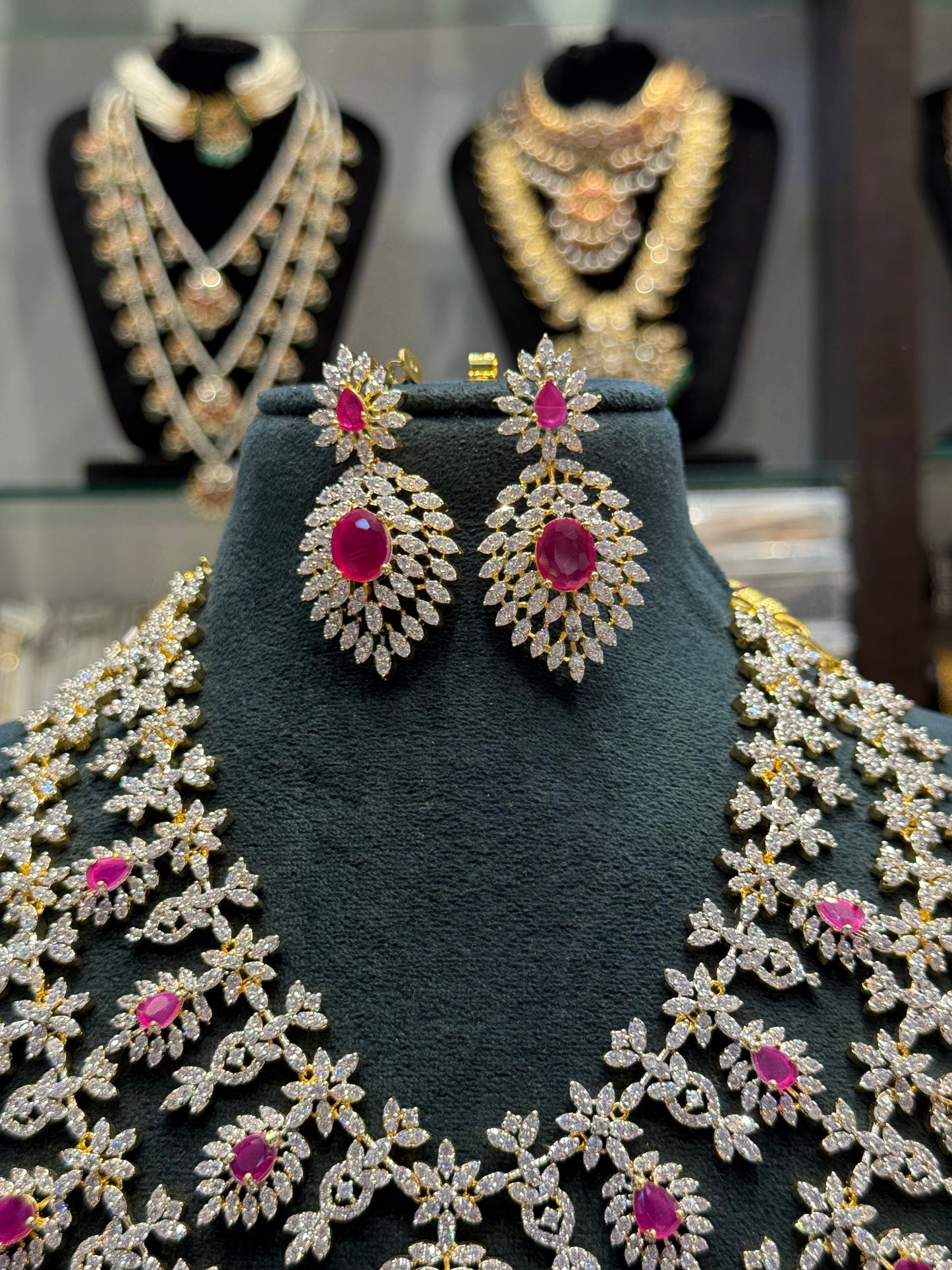 39787 Real Diamond Look 2 layers necklace bridal with Ruby stones and screwback earrings