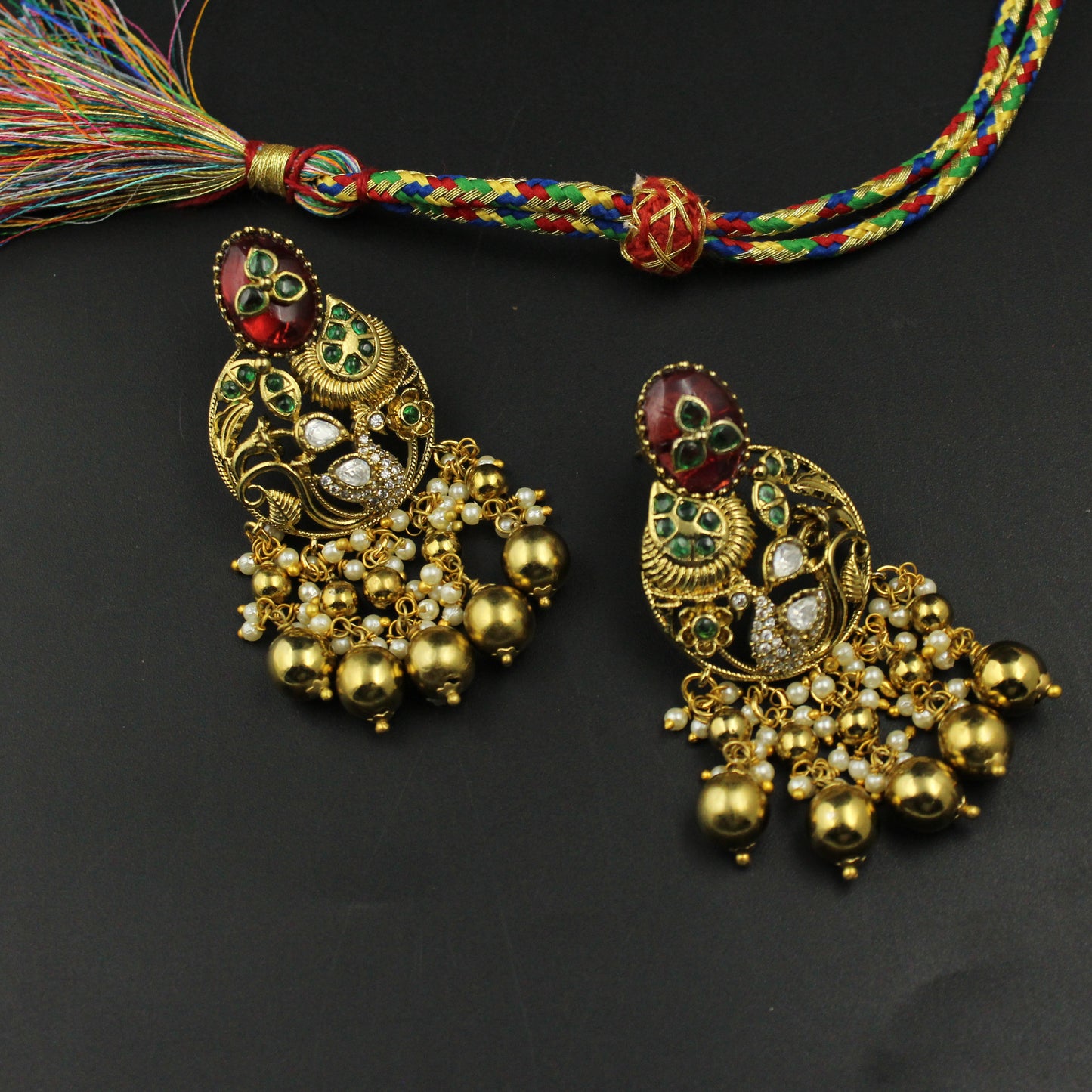 41413 Poth Mala With Peacock Pendent Set Red