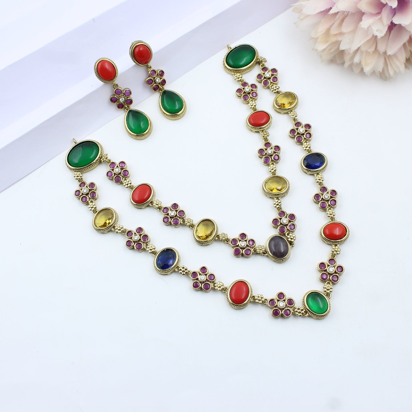 41414 Victorian Moissanite 2 Layers Necklace Set Navaratna