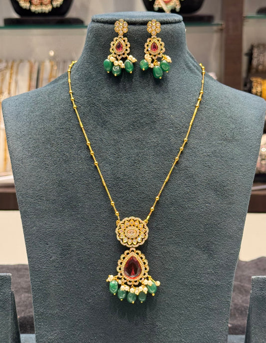 40063 Single line ball chain with red stone pendant set