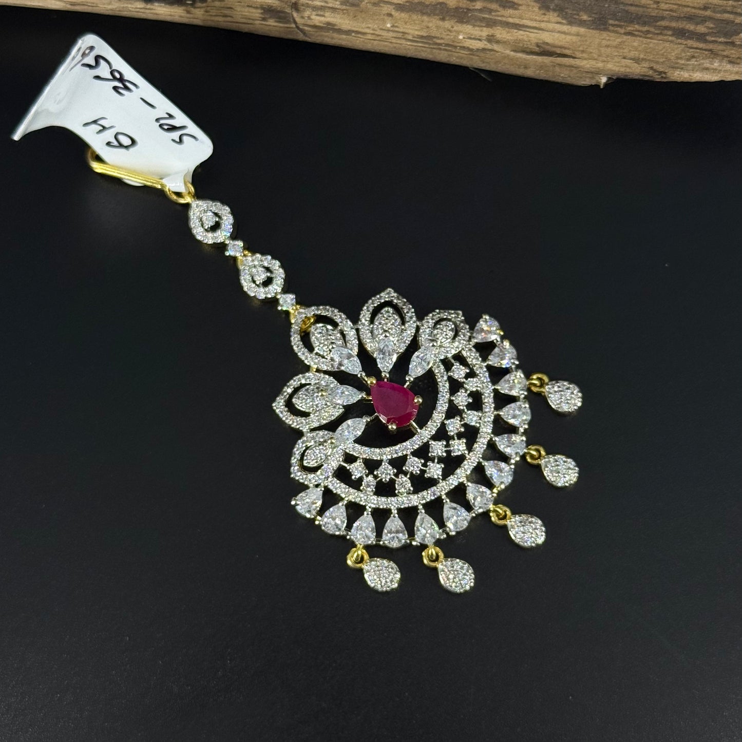 36566 G J maang Tika Drops full white and Ruby color