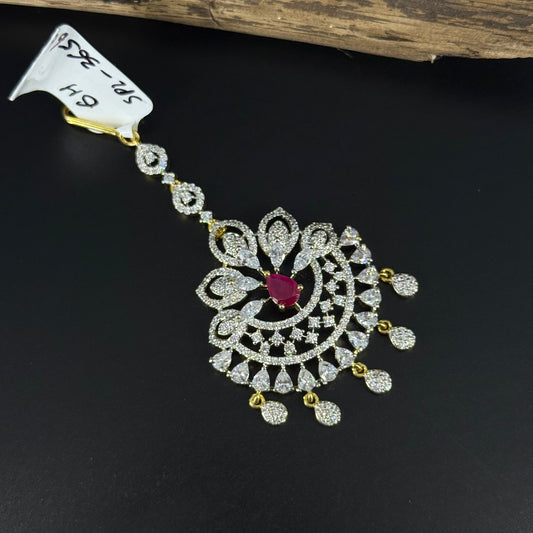 36566 G J maang Tika Drops full white and Ruby color