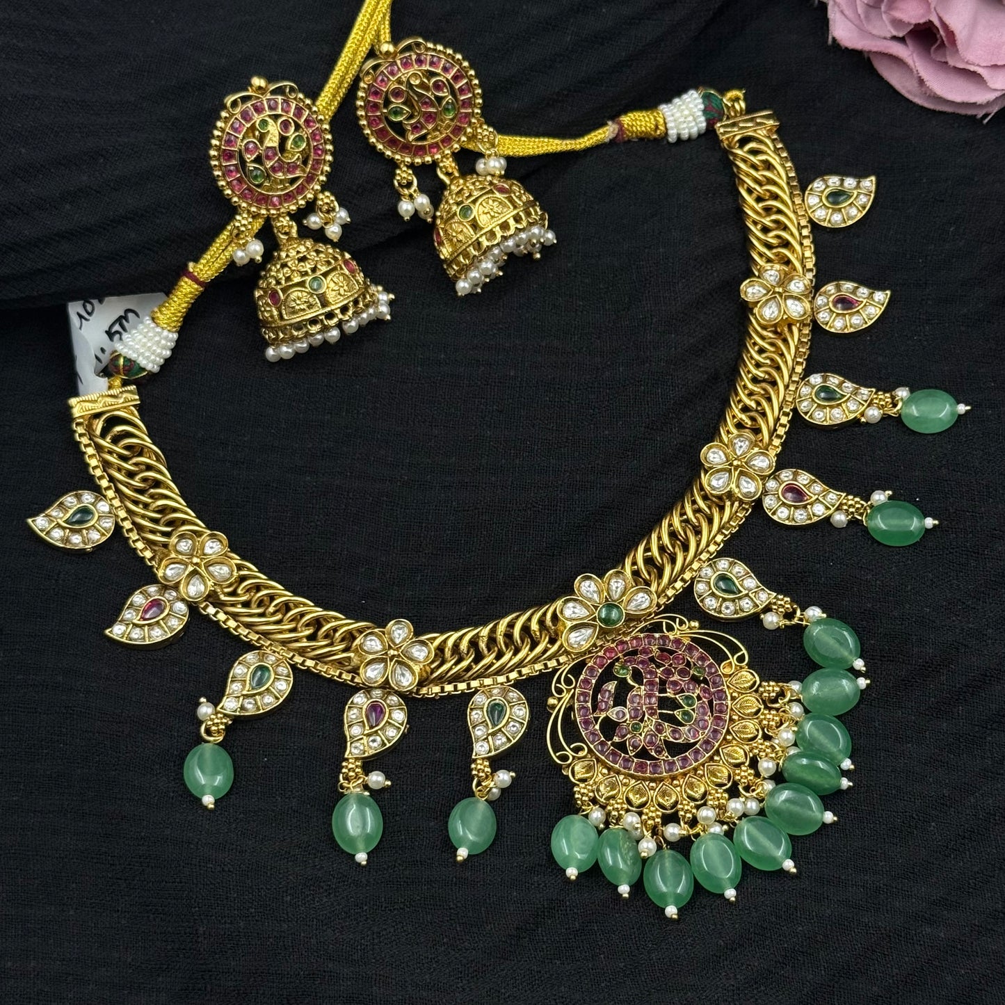 40208 Mango And Peacock Jalebi Necklace With Jhumkas