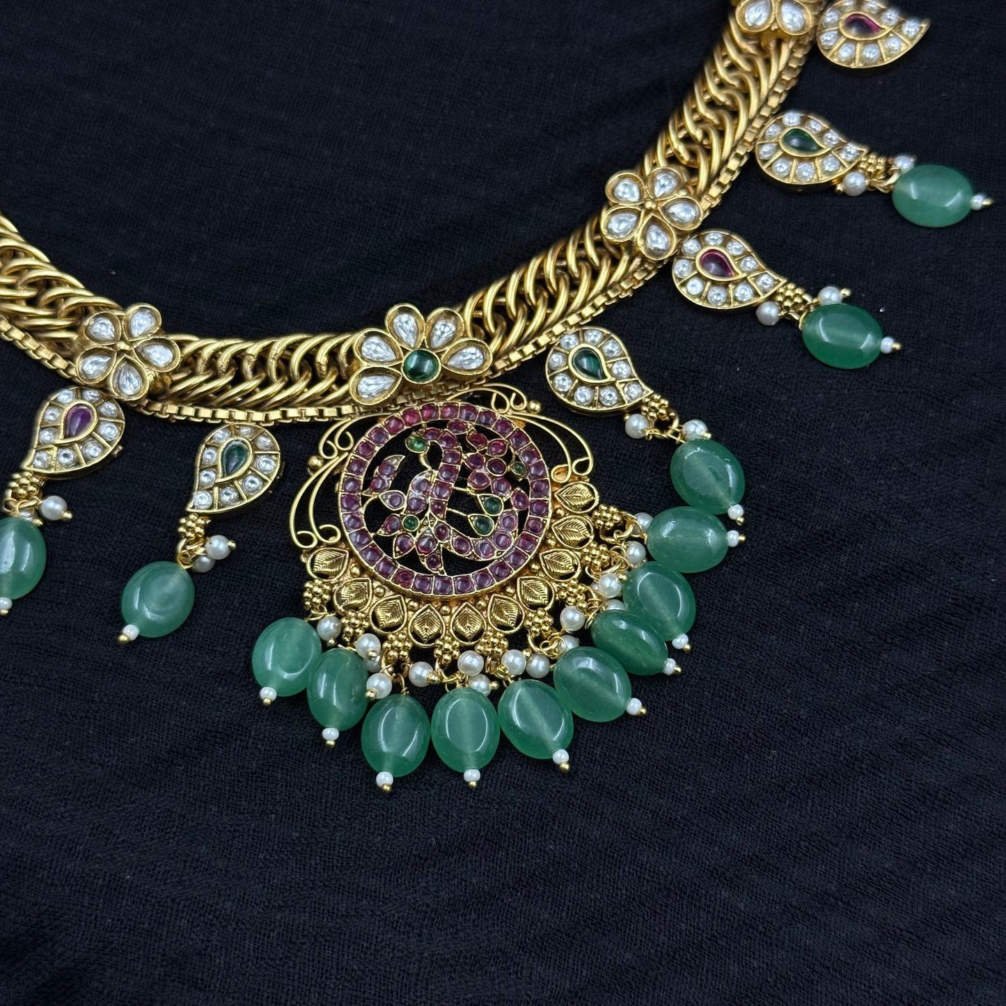 40208 Mango And Peacock Jalebi Necklace With Jhumkas