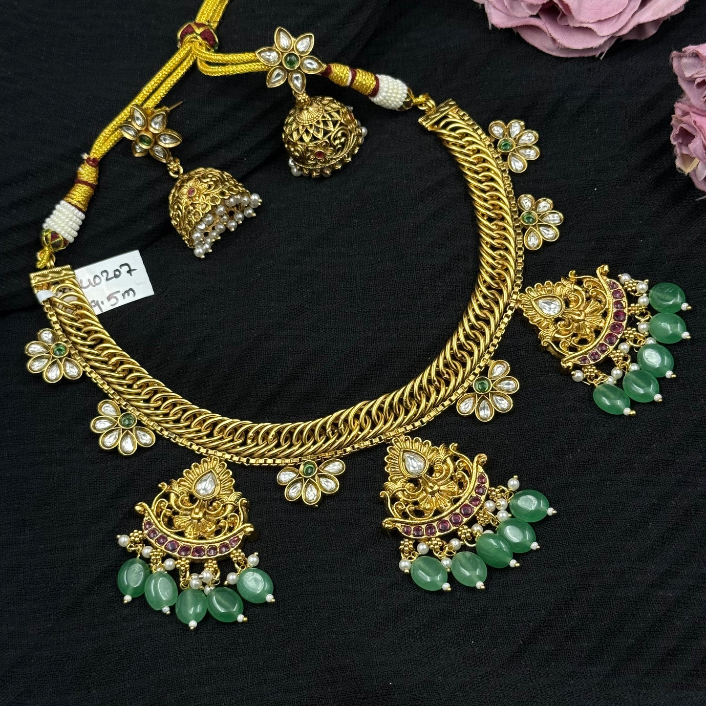 40207 Kundan floral jalebi necklace with jhumka and monalisa beads