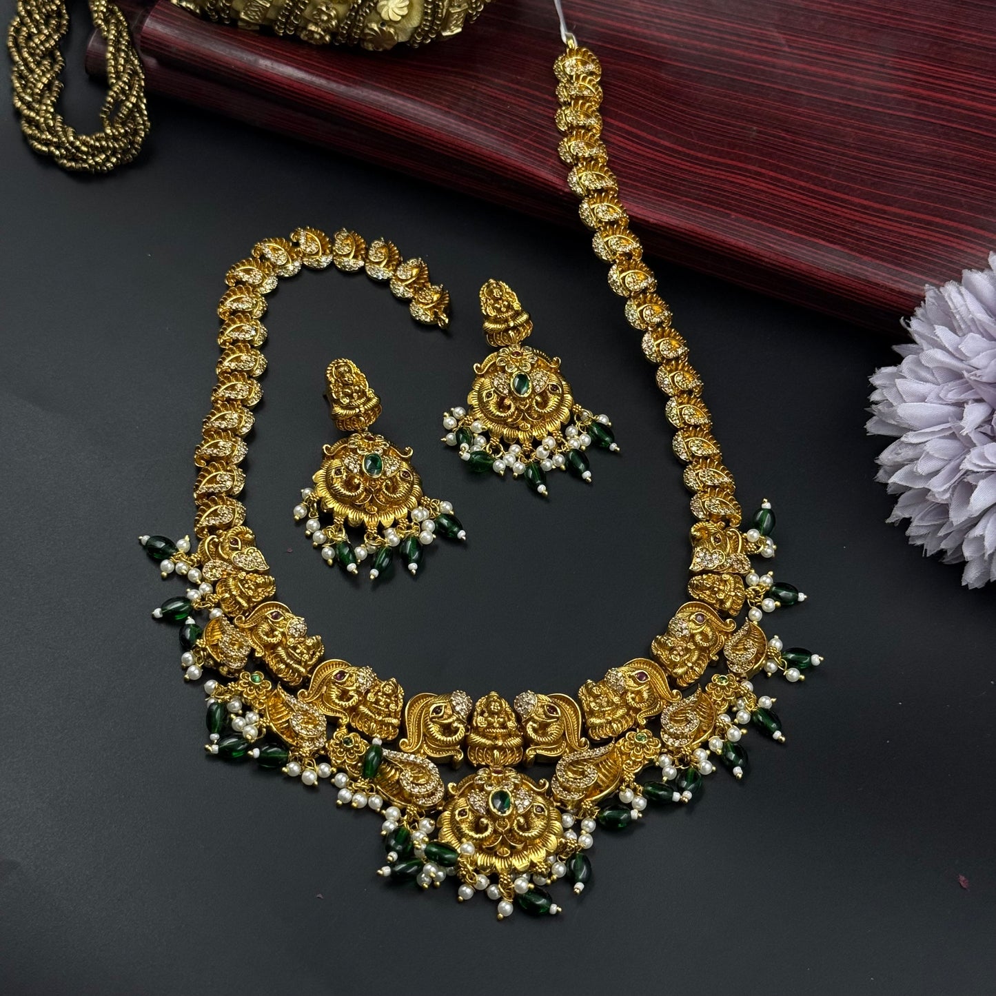 40156 Nakshi gold replica long necklace with earrings