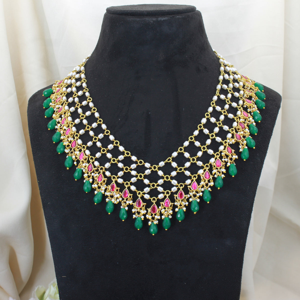 43314 Premium Jadau Kundan Hand Made Mesh Necklace with CZ drop Hangings