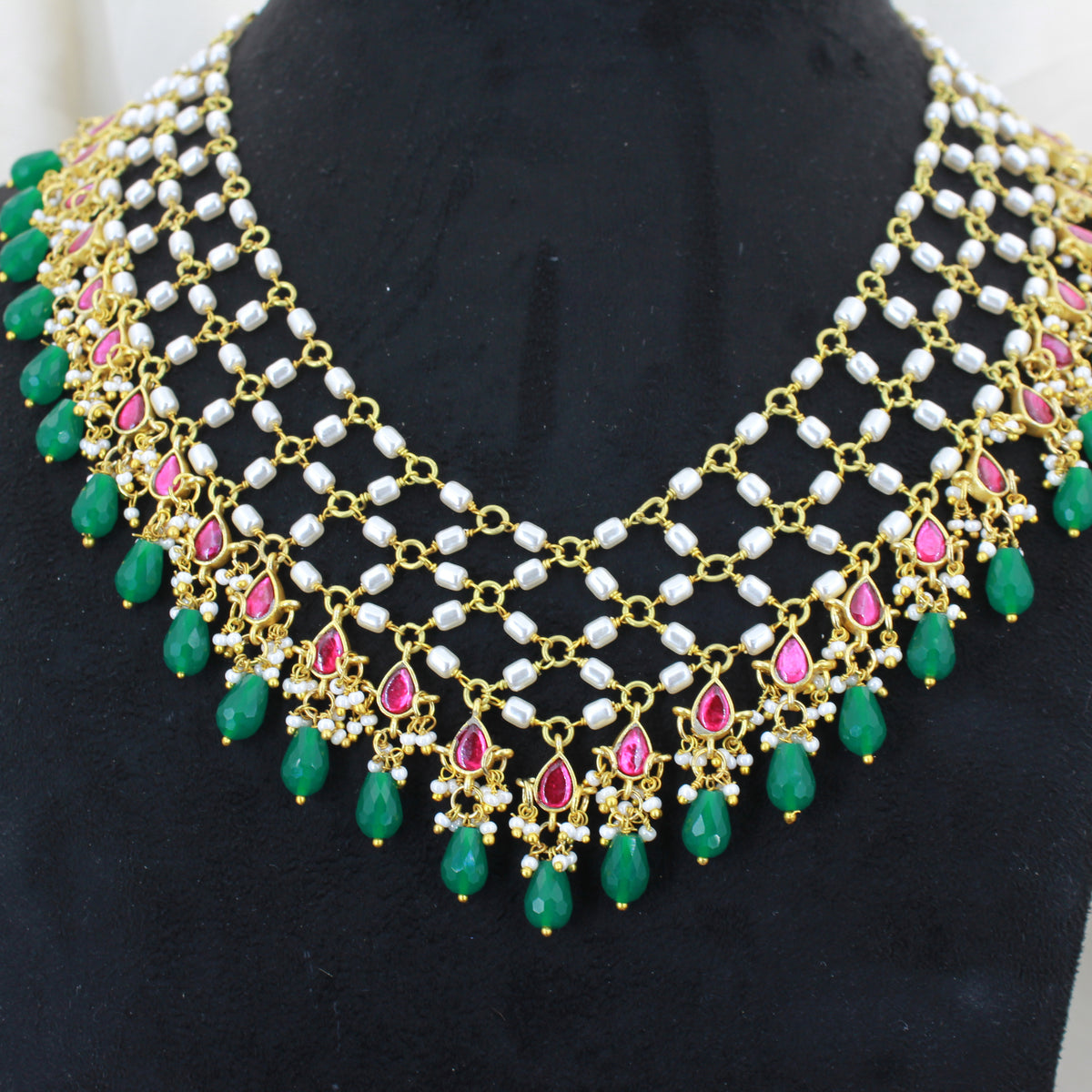 43314 Premium Jadau Kundan Hand Made Mesh Necklace with CZ drop Hangings
