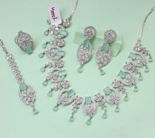 16518  Platinum Necklace Mint Green with Finger Ring and Tikka