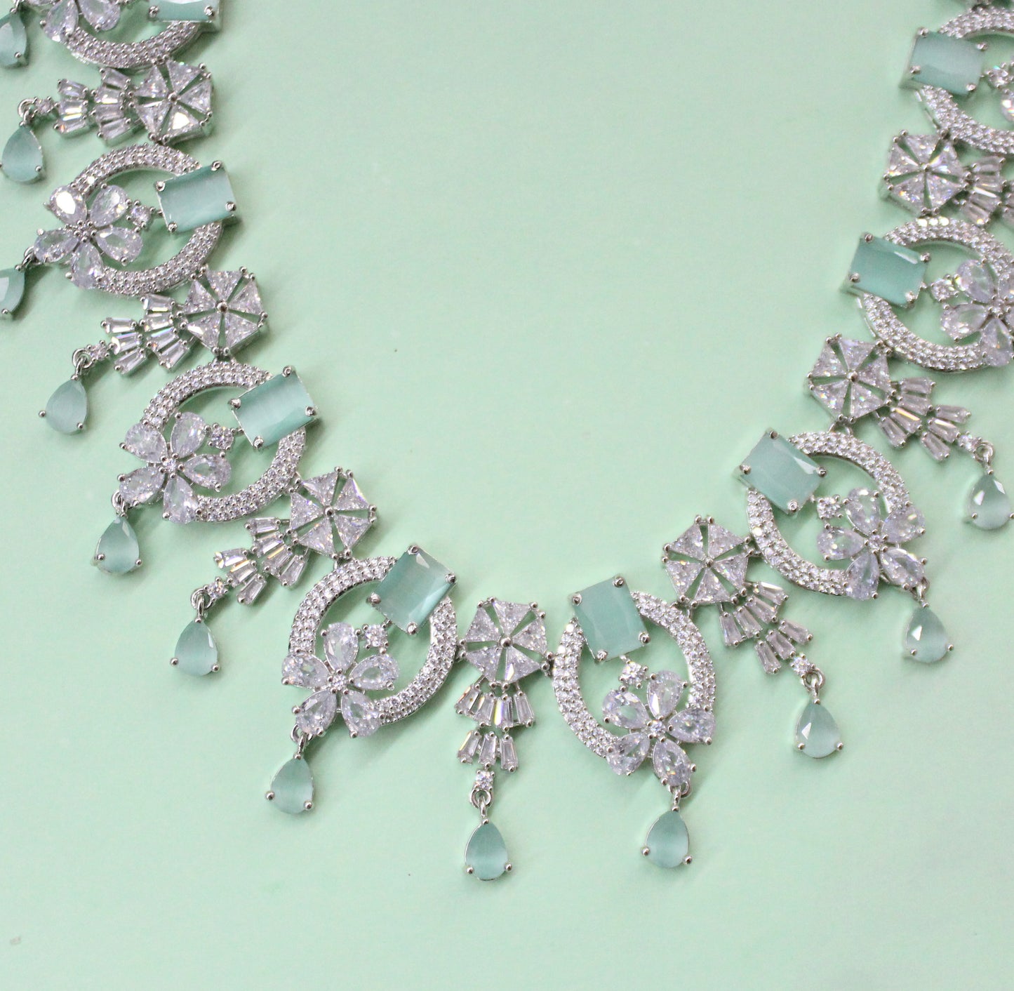 16518  Platinum Necklace Mint Green with Finger Ring and Tikka