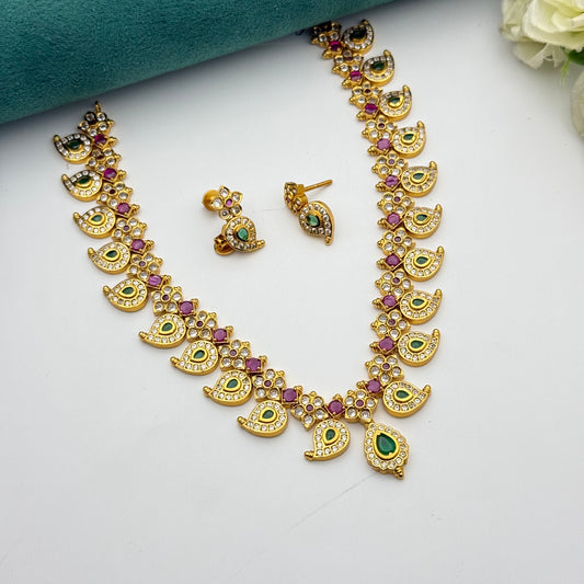 41818 short Cz stone mango necklace with screwback earrings