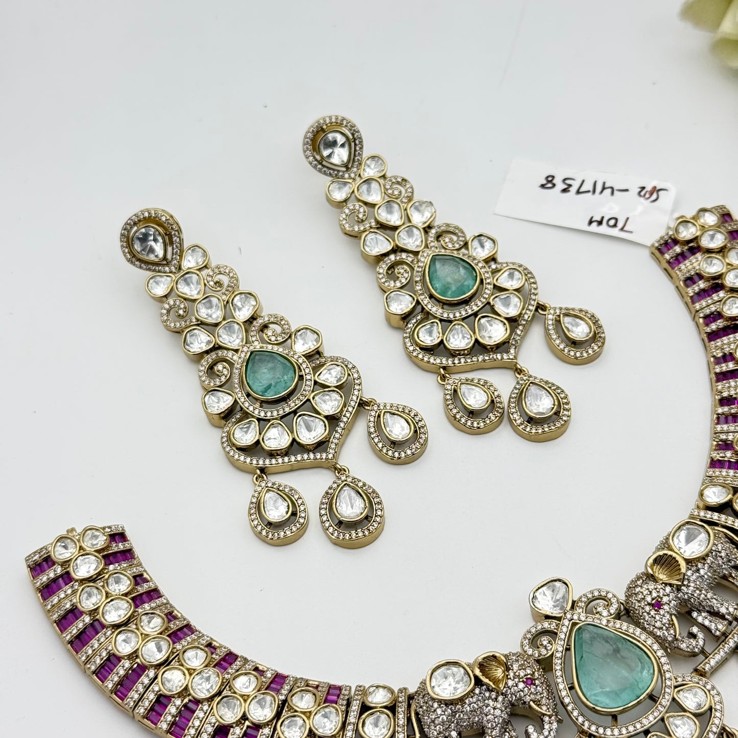 Victorian mint green mozonite necklace with heavy earrings