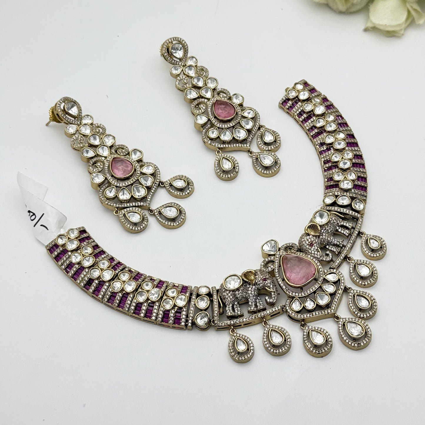 Victorian mint pink mozonite necklace with puch back heavy earrings