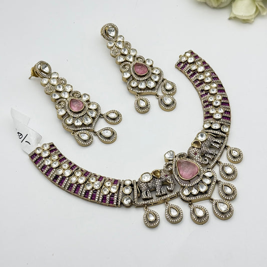 41739  Victorian mint pink mozonite necklace with puch back heavy earrings