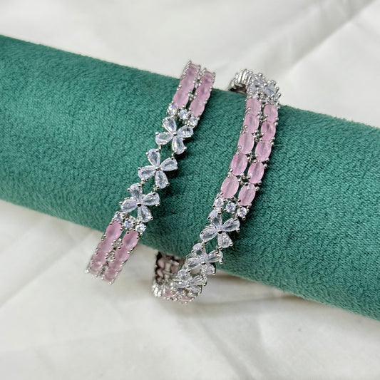 12906 platinum mint pink oval stone with flower pattern bangle