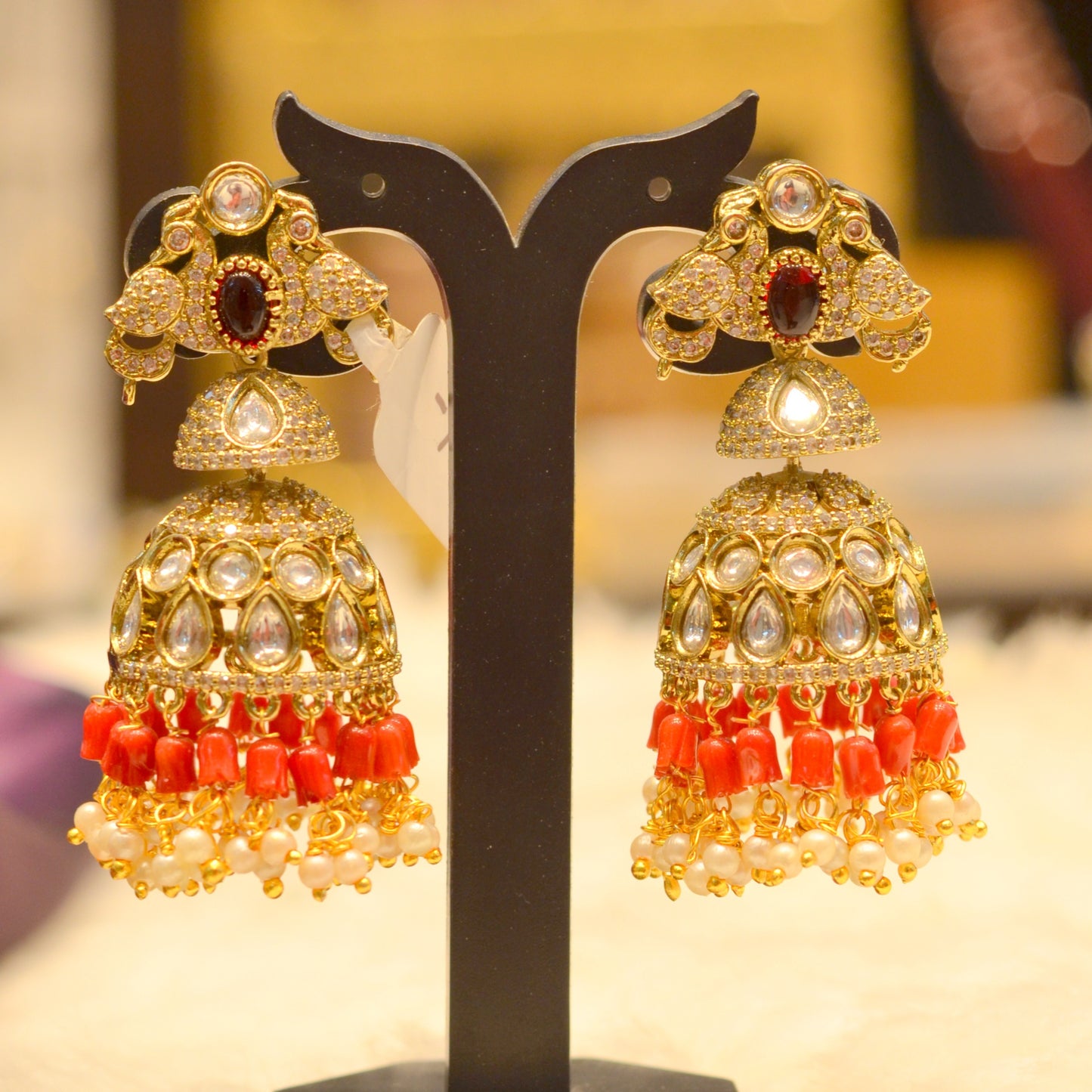 23934 Victorian Peaock design jhumki with coral beads