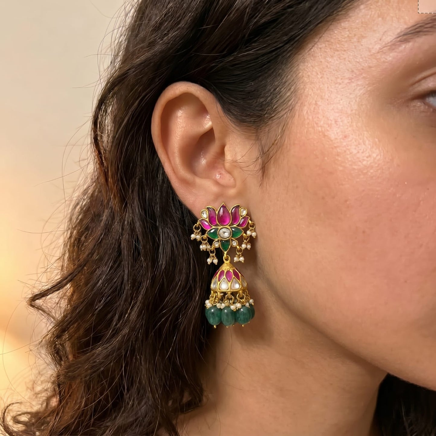 41783 / 41922 Lotus Jadau Kundan medium size screwback Jhumkas with Russian strawberry beads