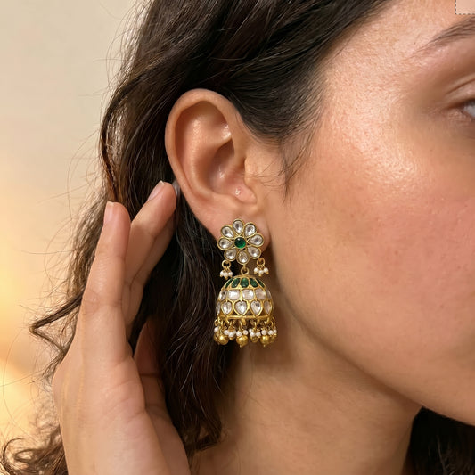 41756 Jadau Moissanite With Golden Ball Jhumki