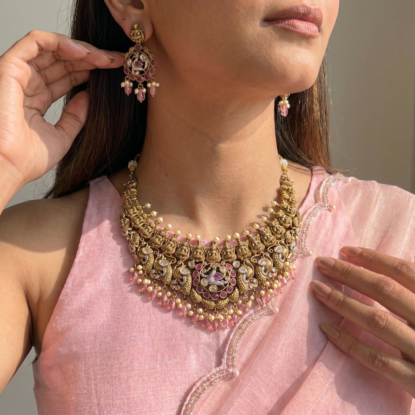 Lakshmi Devi and peacock pattern Victorian mehendi polish bridal necklace