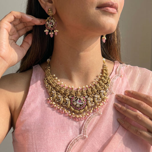 Lakshmi Devi and peacock pattern Victorian mehendi polish bridal necklace