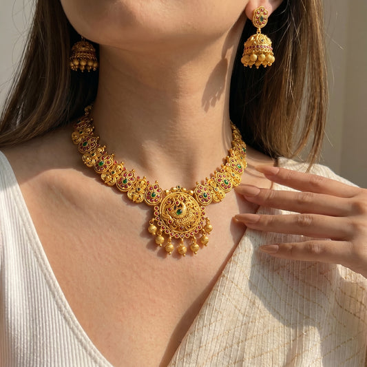 Matte Kempu Peacock Short Necklace
