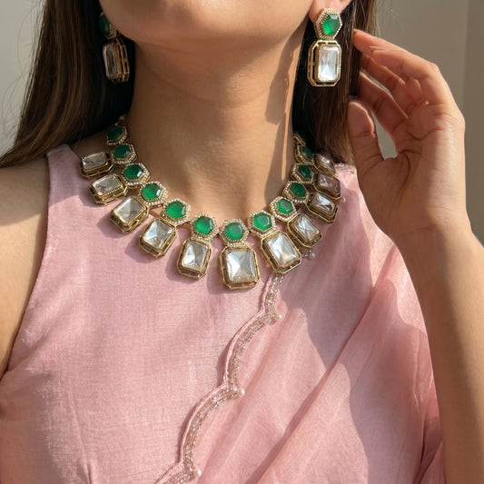 Moissanite Kundan Green Short Necklace Set With Push Back Earrings