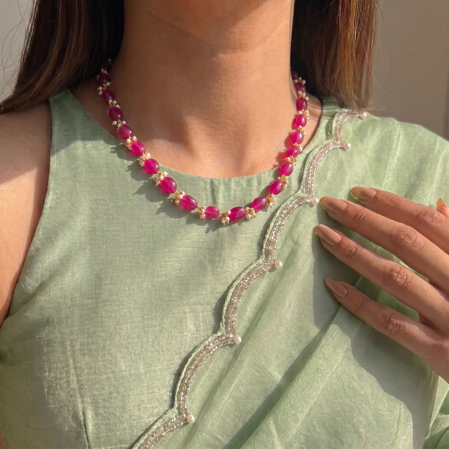 Pink beads with small pearls mala