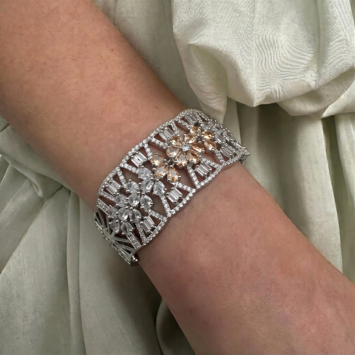 Platinum champagne-colored stone bracelet