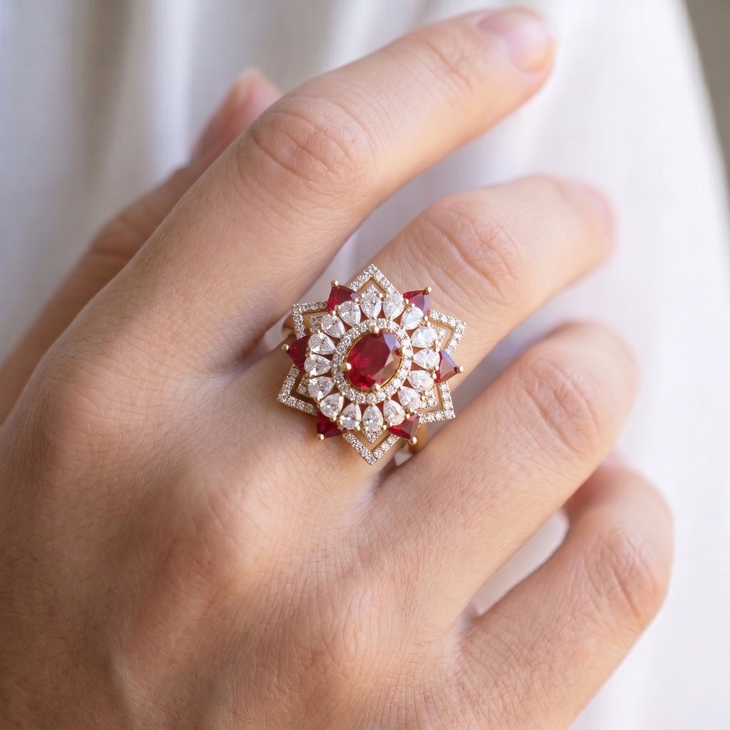 Platinum finish red stone Adjustable Finger ring