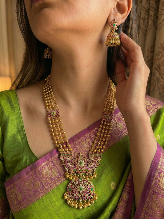 Kundan Rani Haar In Golden Lines And Beads With Earrings