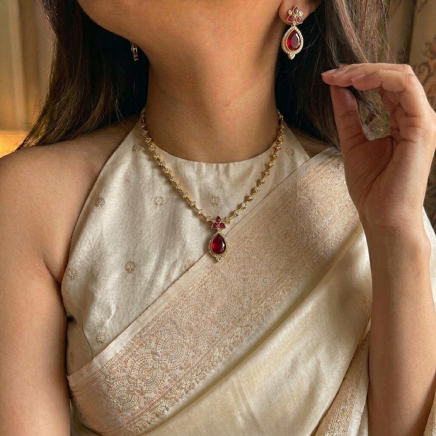 Victorian simple short necklace with Duplet ruby stone and pushback earrings